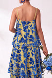 Blue Burgundy Flower Tiered Ruffled Velevt Long Wedding Guest Dress