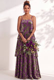 Blue Burgundy Flower Tiered Ruffled Velevt Long Wedding Guest Dress