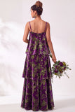 Blue Burgundy Flower Tiered Ruffled Velevt Long Wedding Guest Dress