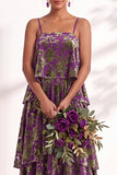 Blue Burgundy Flower Tiered Ruffled Velevt Long Wedding Guest Dress