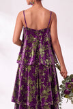 Blue Burgundy Flower Tiered Ruffled Velevt Long Wedding Guest Dress