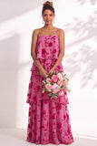 Blue Burgundy Flower Tiered Ruffled Velevt Long Wedding Guest Dress