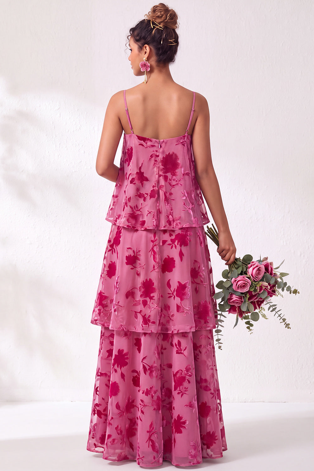 Blue Burgundy Flower Tiered Ruffled Velevt Long Wedding Guest Dress