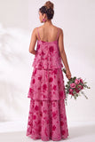 Blue Burgundy Flower Tiered Ruffled Velevt Long Wedding Guest Dress