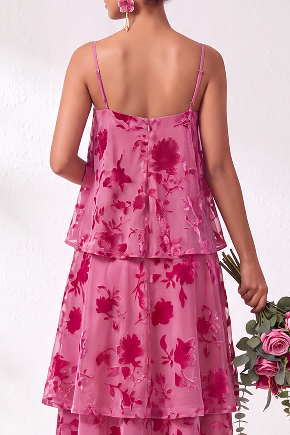 Blue Burgundy Flower Tiered Ruffled Velevt Long Wedding Guest Dress