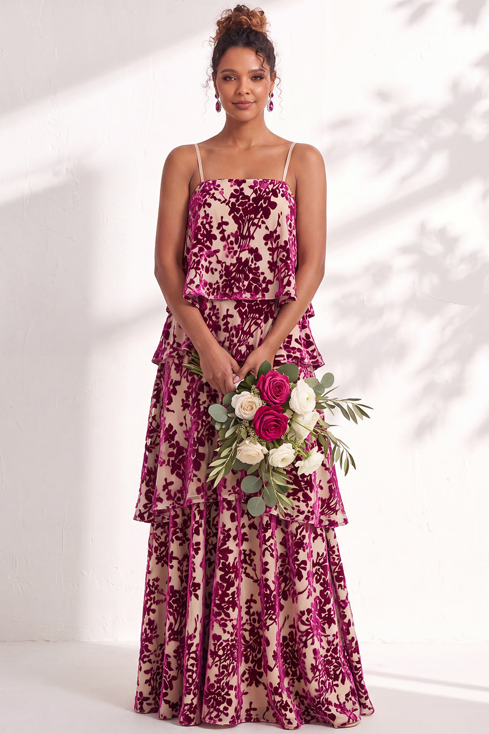 Blue Burgundy Flower Tiered Ruffled Velevt Long Wedding Guest Dress