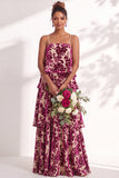 Blue Burgundy Flower Tiered Ruffled Velevt Long Wedding Guest Dress