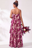Blue Burgundy Flower Tiered Ruffled Velevt Long Wedding Guest Dress