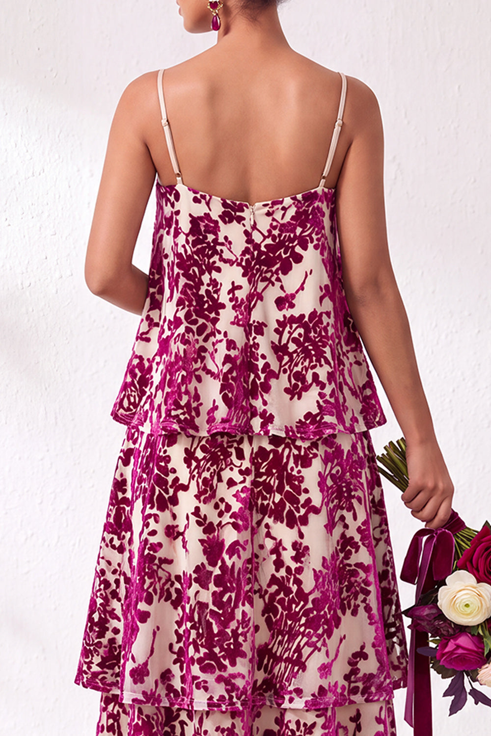 Blue Burgundy Flower Tiered Ruffled Velevt Long Wedding Guest Dress