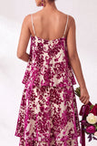 Blue Burgundy Flower Tiered Ruffled Velevt Long Wedding Guest Dress