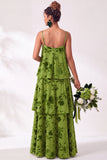 Blue Burgundy Flower Tiered Ruffled Velevt Long Wedding Guest Dress