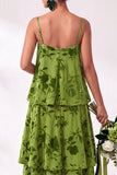 Blue Burgundy Flower Tiered Ruffled Velevt Long Wedding Guest Dress