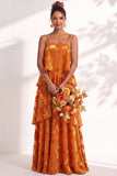 Blue Burgundy Flower Tiered Ruffled Velevt Long Wedding Guest Dress