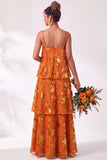 Blue Burgundy Flower Tiered Ruffled Velevt Long Wedding Guest Dress