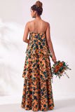 Blue Burgundy Flower Tiered Ruffled Velevt Long Wedding Guest Dress