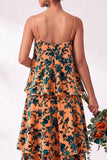 Blue Burgundy Flower Tiered Ruffled Velevt Long Wedding Guest Dress