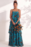 Blue Burgundy Flower Tiered Ruffled Velevt Long Wedding Guest Dress