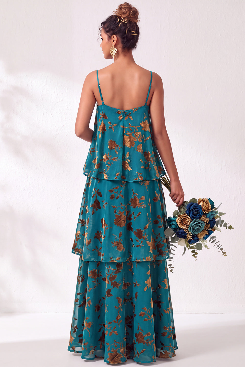 Blue Burgundy Flower Tiered Ruffled Velevt Long Wedding Guest Dress