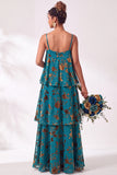 Blue Burgundy Flower Tiered Ruffled Velevt Long Wedding Guest Dress