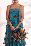Blue Burgundy Flower Tiered Ruffled Velevt Long Wedding Guest Dress