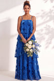 Blue Burgundy Flower Tiered Ruffled Velevt Long Wedding Guest Dress
