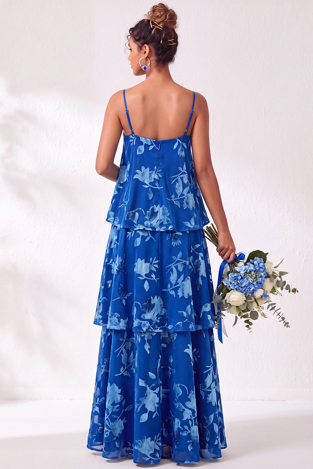 Blue Burgundy Flower Tiered Ruffled Velevt Long Wedding Guest Dress