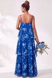 Blue Burgundy Flower Tiered Ruffled Velevt Long Wedding Guest Dress