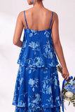 Blue Burgundy Flower Tiered Ruffled Velevt Long Wedding Guest Dress