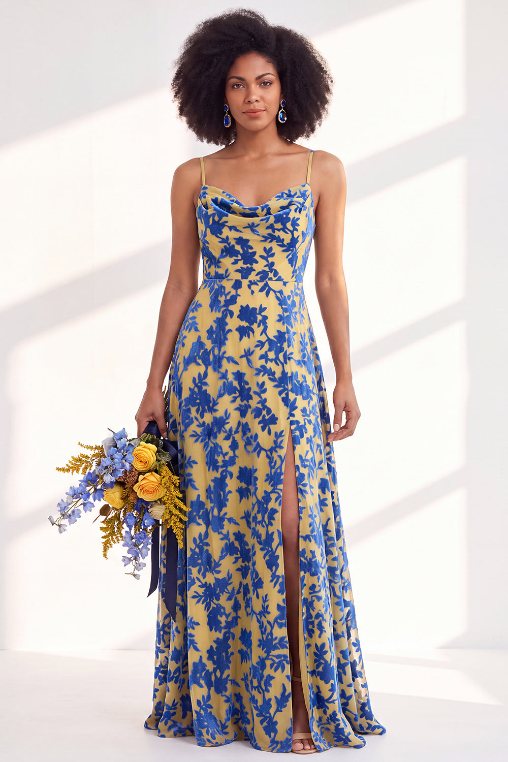 Blue Flower A-Line Velvet Long Wedding Guest Dress with Slit