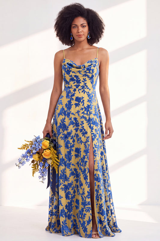 Blue Flower A-Line Velvet Long Wedding Guest Dress with Slit