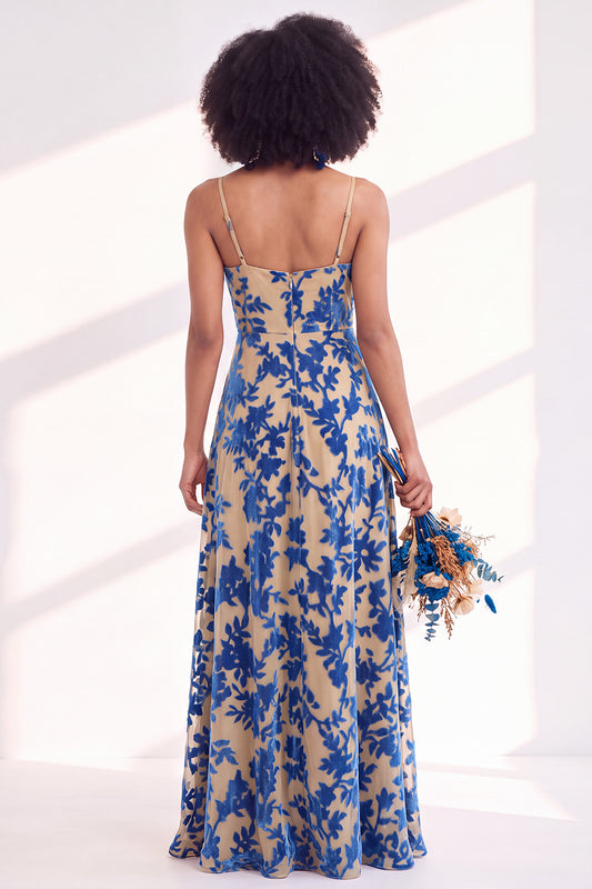 Blue Flower A-Line Velvet Long Wedding Guest Dress with Slit