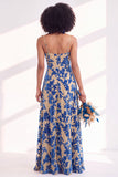 Blue Flower A-Line Velvet Long Wedding Guest Dress with Slit