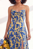 Blue Flower A-Line Velvet Long Wedding Guest Dress with Slit