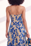 Blue Flower A-Line Velvet Long Wedding Guest Dress with Slit