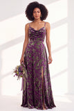 Blue Flower A-Line Velvet Long Wedding Guest Dress with Slit