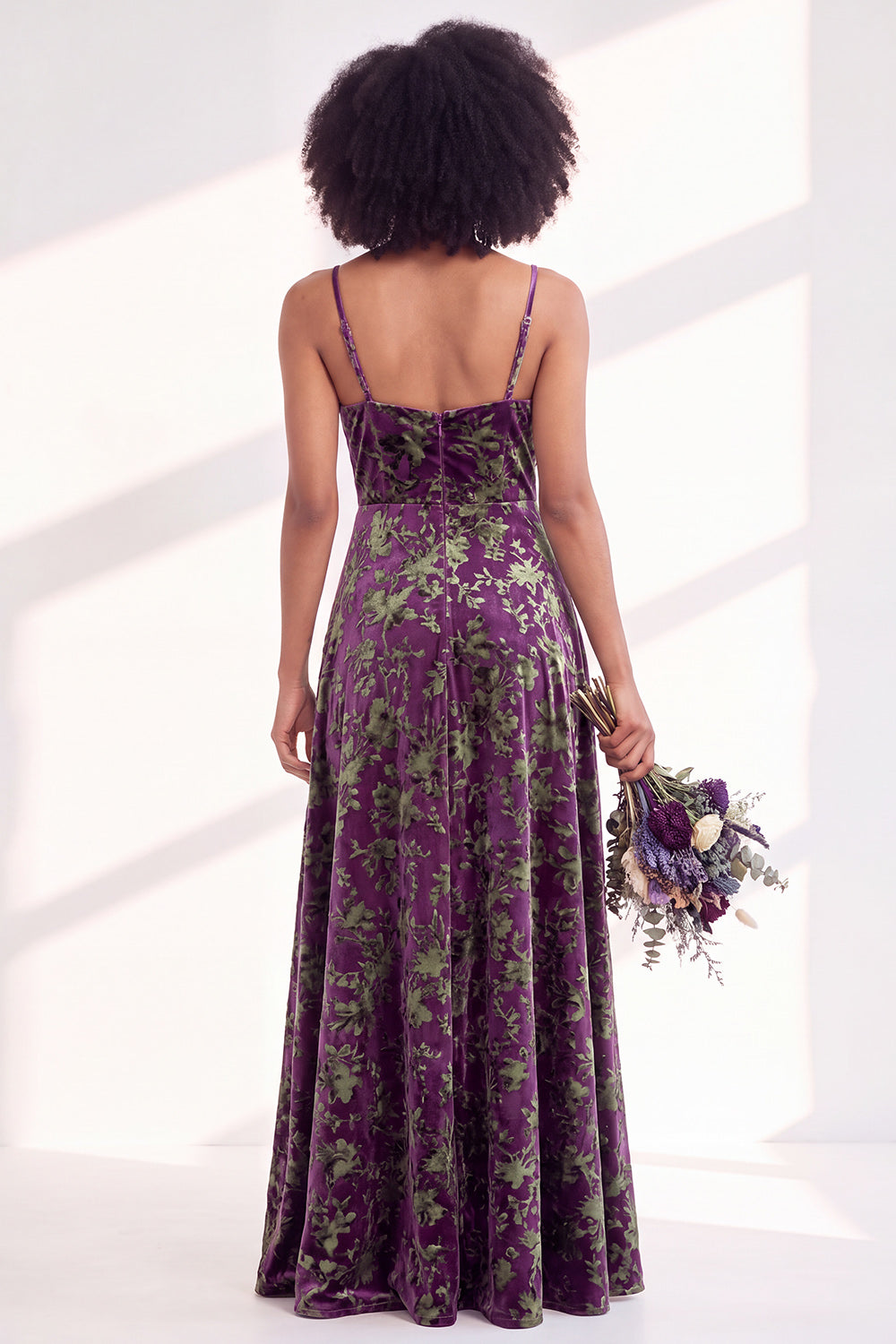 Blue Flower A-Line Velvet Long Wedding Guest Dress with Slit