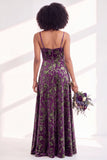 Blue Flower A-Line Velvet Long Wedding Guest Dress with Slit