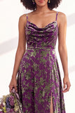Blue Flower A-Line Velvet Long Wedding Guest Dress with Slit