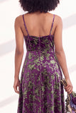 Blue Flower A-Line Velvet Long Wedding Guest Dress with Slit