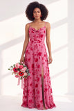 Blue Flower A-Line Velvet Long Wedding Guest Dress with Slit