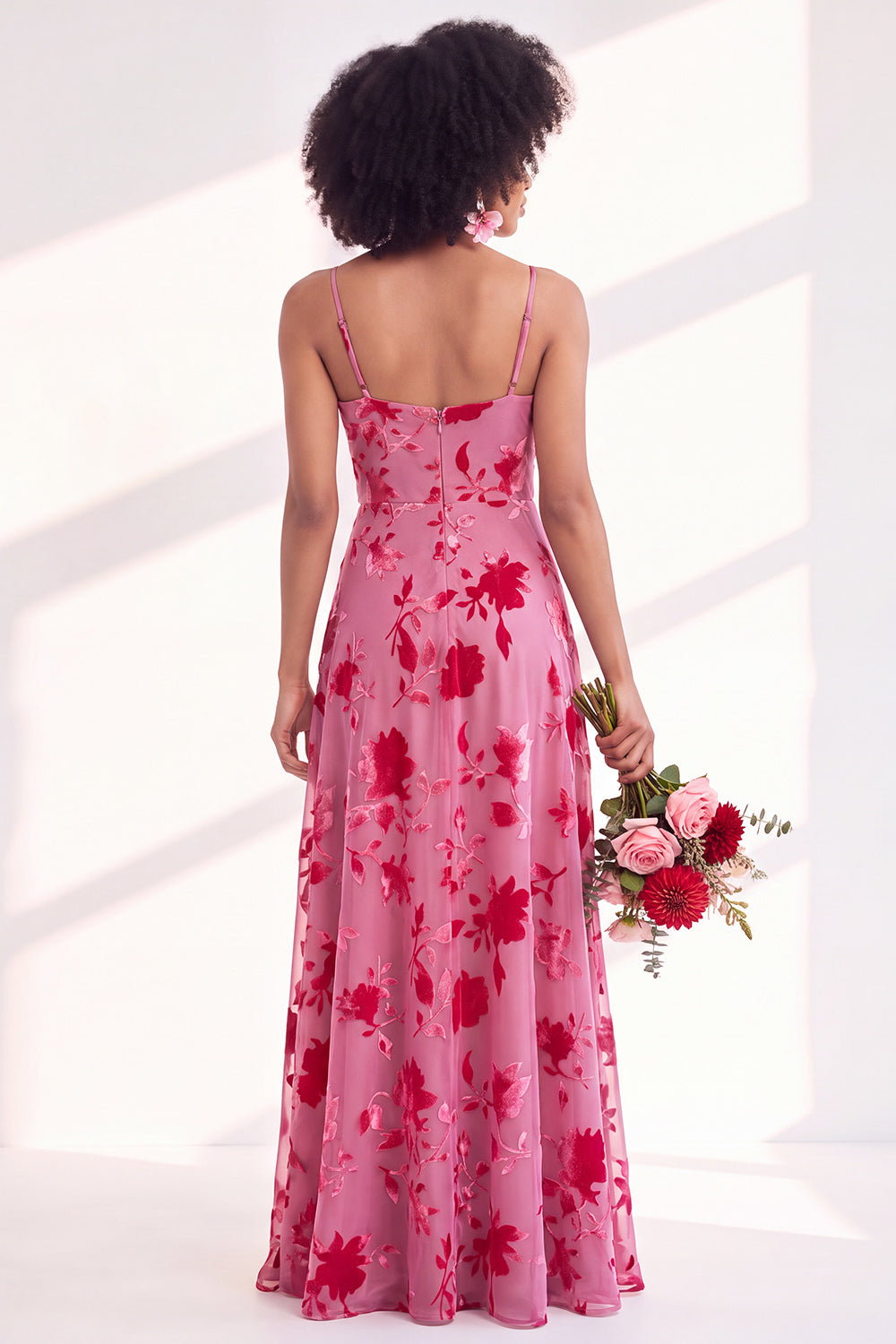 Blue Flower A-Line Velvet Long Wedding Guest Dress with Slit