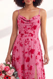 Blue Flower A-Line Velvet Long Wedding Guest Dress with Slit