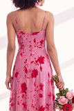 Blue Flower A-Line Velvet Long Wedding Guest Dress with Slit