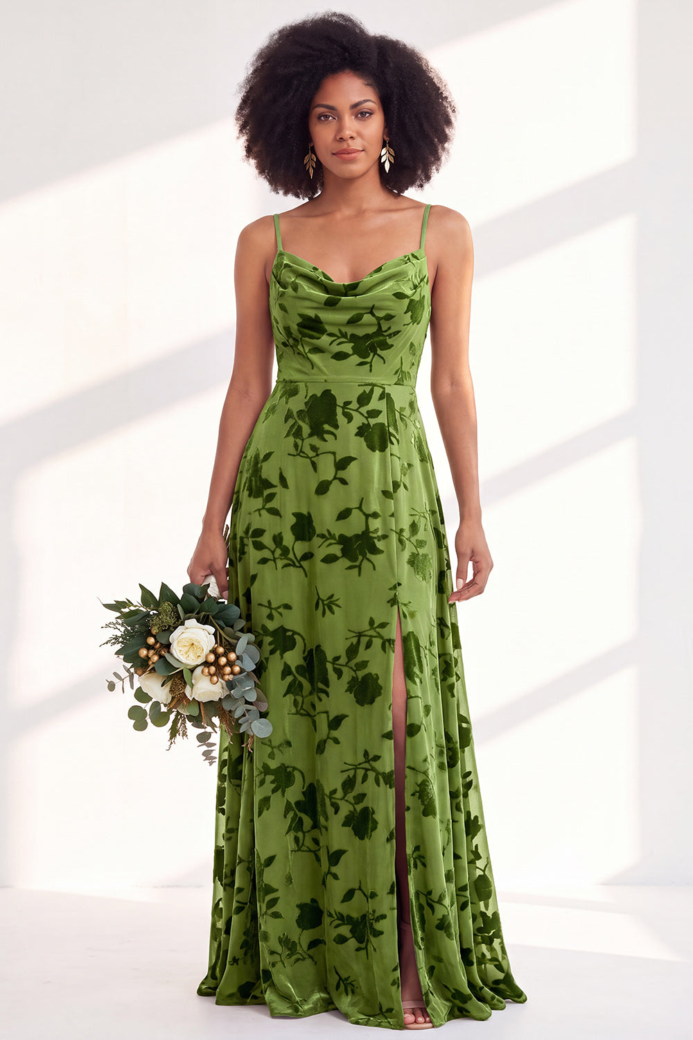 Blue Flower A-Line Velvet Long Wedding Guest Dress with Slit