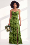 Blue Flower A-Line Velvet Long Wedding Guest Dress with Slit