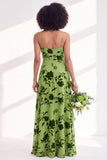 Blue Flower A-Line Velvet Long Wedding Guest Dress with Slit