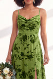 Blue Flower A-Line Velvet Long Wedding Guest Dress with Slit