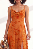 Blue Flower A-Line Velvet Long Wedding Guest Dress with Slit