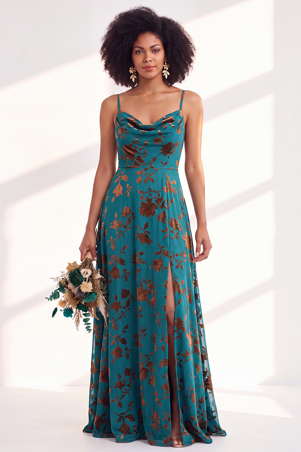 Blue Flower A-Line Velvet Long Wedding Guest Dress with Slit