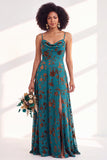 Blue Flower A-Line Velvet Long Wedding Guest Dress with Slit